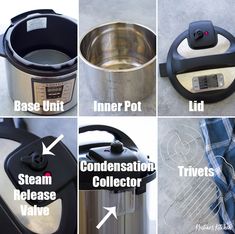 instructions for how to use an electric pressure cooker with the lid open and labeled in pictures