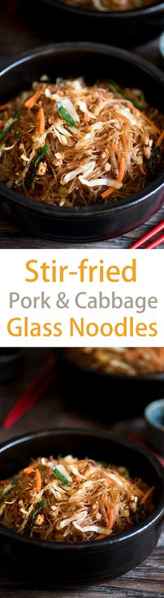 stir - fried pork and cabbage glass noodles in a black bowl with chopsticks