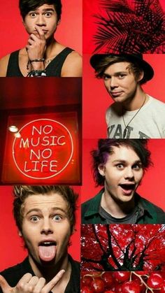 four different pictures with one man making a funny face and the other saying no music, no life