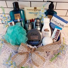 a basket filled with hair care products on top of a table