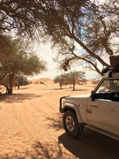 a white jeep parked on the side of a dirt road next to trees and bushes