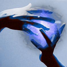 two hands with blue and white painted on them holding something in the air, against a light blue background