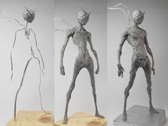 three different views of an alien standing on a piece of wood with wires coming out of it