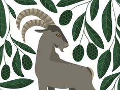 an illustration of a goat surrounded by leaves