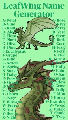 a green dragon with red spots on it's head and the words leafwing name generator