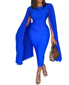 Premium Quality Dress with cape Blue Cape Dress For Party, Chic Blue Dresses With Cape Sleeves, Blue Summer Dresses With Cape Sleeves, Blue Spring Dress With Cape Sleeves, Chic Cape Dress For Fall, Fitted Cape Dress For Fall, Long Sleeve Cape For Spring Evening, Long Sleeve Spring Cape For Evening, Spring Long Sleeve Cape For Evening