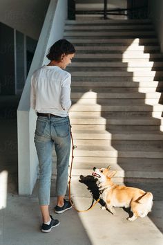 the woman is walking her dog down the stairs with it's leashes on