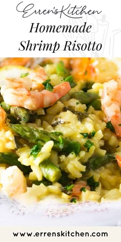 shrimp and asparagus risotto on a white plate with text overlay