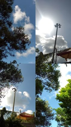 there are two different views of the same street light and tree lined area with umbrellas