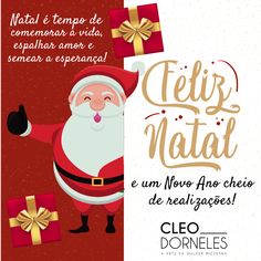 a christmas card with santa claus and presents on the left hand side, in spanish