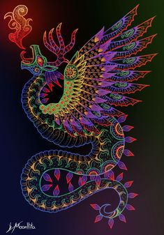 a drawing of a colorful dragon on a black background