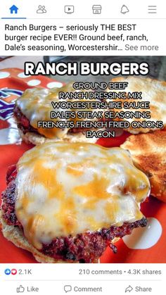 an image of a burger with cheese on it and another sandwich in the background that reads, ranch burgers