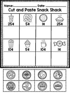 the cut and paste snack shack worksheet is shown in black and white, with numbers