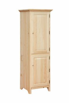 a tall wooden cabinet with two doors on the front and one door open to reveal a drawer