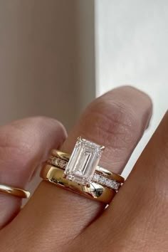 Wedding Band To Go With Emerald Cut Ring, 1980s Wedding Rings, Wedding Bands For Emerald Cut Rings Gold, Big Diamond Wedding Band, Emerald Cut Engagement Ring 3ct, Emerald Engagement Ring And Wedding Band Set, Rectangle Wedding Ring Stack, Wedding Band With Emerald Cut Engagement, Wedding Bands To Go With Emerald Cut