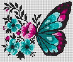 a cross stitch butterfly with blue and pink flowers