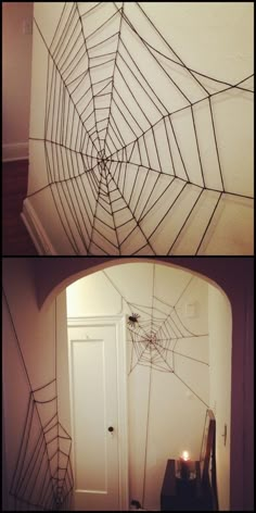 two pictures of a spider web hanging from the ceiling in front of a door with candles on it