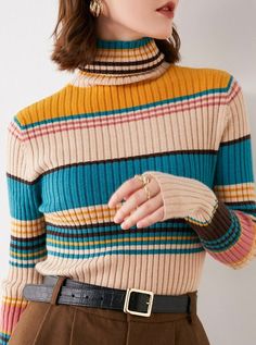 Beige Ribbed Turtleneck For Winter, Retro Knitted Sweater For Fall, Retro Long Sleeve Ribbed Sweater, Beige Winter Sweater With Ribbed Cuffs, Beige Ribbed Cuff Sweater For Winter, Winter Striped Long Sleeve Sweater, Winter Multicolor Sweater With Ribbed Cuffs, Multicolor Winter Sweater With Ribbed Cuffs, Retro Ribbed Winter Tops