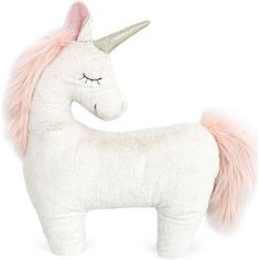 a white stuffed unicorn with a pink mane and eyes closed, standing on a white background