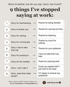 a poster with the words 9 things i've stopped saying at work