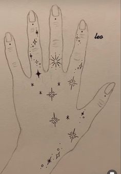 a drawing of a hand with stars on it and the words leo written in black ink