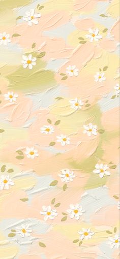 an abstract painting with daisies and leaves in pastel yellow, pink and white colors