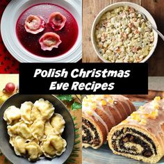 polish christmas eve recipes and desserts are featured in this collage with text overlay