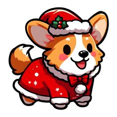 a cartoon corgi wearing a santa hat and sweater