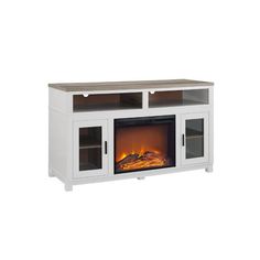 a white entertainment center with an electric fireplace