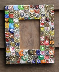 a wooden frame made out of beer bottle caps