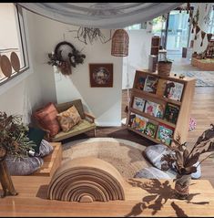 a living room filled with lots of furniture and decor on top of a wooden floor