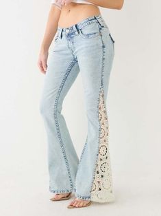 JOEY CROCHET FLARE JEAN Diy Flare Jeans, Lace Jeans, Crochet Pants, Boho Jeans, Tailored Clothes, Painted Denim, Kids Denim, Jeans Diy, Ripped Denim