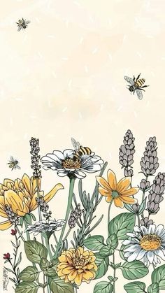 flowers and bees on a beige background