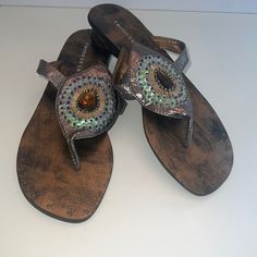 Never Worn Thong Sandal With Large Brown Crystal And Iridescent Sequence Around Smaller Beads Which Really Makes These Elegant Yet Fun. Chinese Laundry Shoes, Chinese Laundry, Thong Sandals, Women's Shoes Sandals, Shoes Sandals, Size 7, Women Shoes, Sandals, Beads