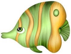 a green and yellow striped fish with big eyes on it's side, looking at the viewer