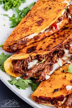 quesadilla tacos with dipping sauce on a white plate topped with cilantro and parsley