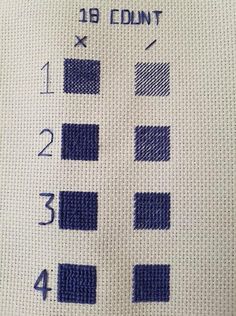 the cross stitch pattern is shown in blue and white, as well as four squares