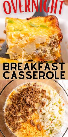 breakfast casserole with cheese and ground beef on top is shown in this collage