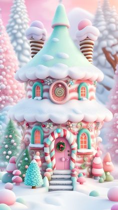 a pink and green house with candy canes on the front, surrounded by snow covered trees