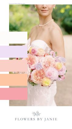 a woman in a wedding dress holding a bouquet of pink and yellow flowers with the words flowers by jane on it