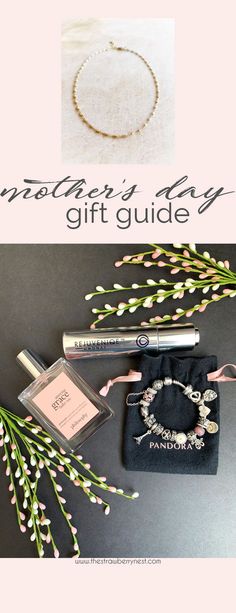 a gift guide with flowers, bracelets and other items on the table next to it