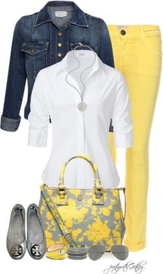 Yellow, love it White Shirt Outfits, Mode Tips, 30 Outfits, Yellow Pants, Outfit Trends, Outfit Casual, Look Fashion, White Shirt