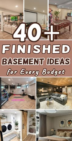 a collage of photos with the words 40 + finished basement ideas for every budget