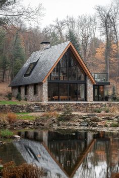 a house with a pond in front of it