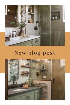 Bathroom with green cabinets, stone accents, and glass shower doors. Text: "New blog post". Kids Bathroom Design