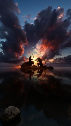 two people are sitting on a boat in the water at sunset with clouds above them