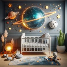 a baby's room decorated with stars and planets