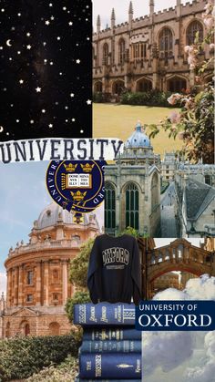 collage of images with buildings and stars in the sky, including an image of oxford university