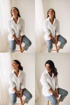 four photos of a woman sitting on a chair smiling and posing with her legs crossed