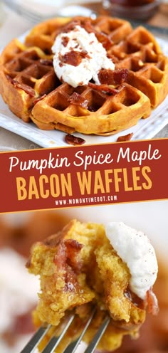 pumpkin spice maple bacon waffles on a fork with whipped cream and syrup in the background